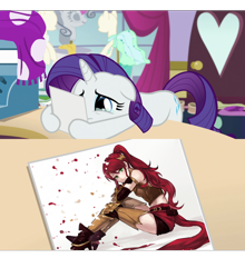 Size: 3618x4108 | Tagged: safe, edit, edited screencap, screencap, rarity, pony, unicorn, forever filly, absurd resolution, canterlot carousel, female, hoof hold, mare, meme, obligatory pony, pyrrha nikos, rarity's photo, rwby, solo, spoilers for another series, teary eyes