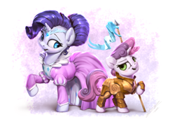 Size: 1200x850 | Tagged: safe, artist:assasinmonkey, rarity, sweetie belle, pony, unicorn, forever filly, abstract background, armor, banner, clothes, cosplay, costume, cute, dress, duo, fantasy class, female, filly, knight, lance, mare, pennant, princess, raised hoof, signature, sisters, smiling, warrior, weapon