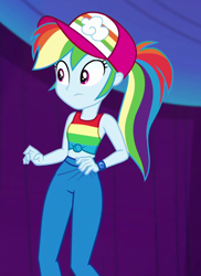 Size: 692x948 | Tagged: safe, derpibooru import, screencap, rainbow dash, better together, equestria girls, spring breakdown, cap, clothes, cropped, female, geode of super speed, hat, magical geodes, pants, sleeveless, solo, tanktop