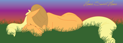 Size: 2500x886 | Tagged: safe, artist:copperirisart, applejack, earth pony, pony, eyes closed, grass, horses doing horse things, on side, solo