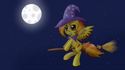 Size: 3813x2145 | Tagged: safe, artist:php92, derpibooru import, spitfire, broom, flying, flying broomstick, full moon, looking back, moon, night, night sky, smiling, solo, spread wings, stars, trixie's hat