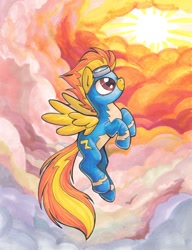 Size: 700x913 | Tagged: safe, artist:lizspit, derpibooru import, spitfire, cloud, cloudy, flying, solo, sunset, traditional art