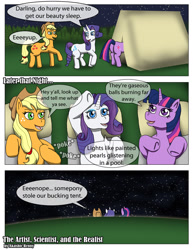 Size: 976x1267 | Tagged: safe, artist:sword-of-akasha, applejack, rarity, twilight sparkle, earth pony, pony, unicorn, camping, comic, darling, night, tent