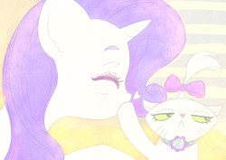 Size: 2168x1535 | Tagged: safe, artist:sigpi, opalescence, rarity, cat, pony, unicorn, denied, female, heart, mare