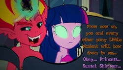 Size: 1188x673 | Tagged: safe, artist:snakeythingy, edit, edited screencap, screencap, sunset satan, sunset shimmer, twilight sparkle, equestria girls, equestria girls (movie), bad end, big crown thingy, crown, element of magic, glowing eyes, jewelry, mind control, regalia, story in the source