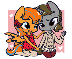 Size: 1212x995 | Tagged: safe, artist:lilliesinthegarden, oc, oc:cold front, oc:disty, anthro, pegasus, unicorn, belt, bow, chibi, clothes, crossdressing, cute, dress, ear piercing, earring, femboy, flower, flower in hair, garters, gay, heart, heart eyes, holding hands, holiday, jewelry, looking at each other, male, piercing, stockings, thigh highs, valentine's day, wingding eyes