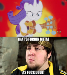 Size: 1280x1450 | Tagged: safe, edit, edited screencap, screencap, rarity, pony, unicorn, honest apple, conan the barbarian, guitarity, jontron, meme, metal, metal as fuck, vulgar