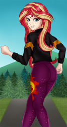 Size: 891x1670 | Tagged: safe, artist:anonix123, sunset shimmer, human, better together, equestria girls, sunset's backstage pass!, ass, bunset shimmer, butt, clothes, female, human coloration, humanized, jacket, like what you see?, looking at you, looking back, looking back at you, pants, sexy, smiling, solo, stupid sexy sunset shimmer