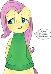 Size: 1036x1500 | Tagged: safe, artist:oouichi, fluttershy, pegasus, pony, clothes, solo, sweater, sweatershy