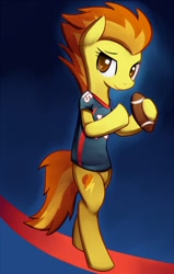 Size: 698x1100 | Tagged: safe, artist:negativefox, derpibooru import, spitfire, pony, american football, bipedal, clothes, denver broncos, hoof hold, jersey, nfl, solo