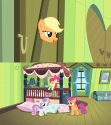 Size: 1024x1152 | Tagged: safe, artist:dtkraus, edit, screencap, apple bloom, applejack, scootaloo, sweetie belle, earth pony, pony, somepony to watch over me, cutie mark crusaders, door, knothole, silly pony powers activate, wat