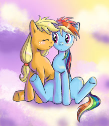 Size: 832x960 | Tagged: safe, artist:lotothetrickster, derpibooru import, applejack, rainbow dash, earth pony, pegasus, pony, appledash, blushing, cloud, eyes closed, female, freckles, lesbian, mare, missing accessory, shipping, sitting, sky