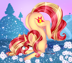 Size: 3450x3035 | Tagged: safe, artist:kriss-studios, sunset shimmer, pony, unicorn, face down ass up, female, flower, high res, hill, invisible stallion, mare, solo