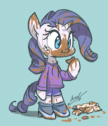 Size: 775x900 | Tagged: safe, artist:assasinmonkey, rarity, pony, semi-anthro, unicorn, chocolate, clothes, cute, female, food, hoof hold, mare, messy, messy eating, raribetes, shorts, signature, simple background, solo, teal background
