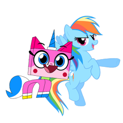 Size: 900x900 | Tagged: safe, artist:lachlandingoofficial, derpibooru import, rainbow dash, pegasus, pony, crossover, duo, lego, simple background, the lego movie, transparent background, unikitty, unikitty! (tv series)