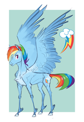 Size: 1798x2615 | Tagged: safe, artist:varwing, derpibooru import, edit, part of a set, rainbow dash, pegasus, pony, abstract background, chest fluff, coat markings, cropped, cute, cutie mark, dashabetes, female, looking back, mare, smiling, solo, spread wings, unshorn fetlocks, wings