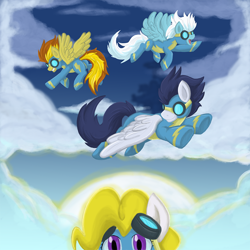 Size: 1000x1000 | Tagged: safe, artist:himanuts, derpibooru import, fleetfoot, soarin', spitfire, surprise, g1, g1 to g4, generation leap, wonderbolts, wonderbolts uniform