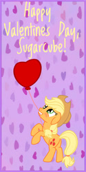 Size: 750x1500 | Tagged: safe, artist:jimmy--chan, applejack, earth pony, pony, applejack's hat, balloon, blushing, cowboy hat, female, hat, heart, heart balloon, mare, mouth hold, solo, sugarcube, text, valentine, valentine's day