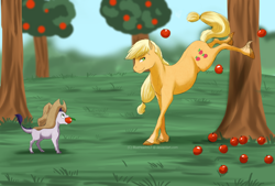 Size: 1024x691 | Tagged: safe, artist:blueheart417, applejack, oc, oc:tanzanite, dracony, earth pony, hybrid, pony, applebucking, applejack mid tree-buck facing the left with 3 apples falling down, applejack mid tree-buck with 3 apples falling down, foalsitter, interspecies offspring, offspring, parent:rarity, parent:spike, parents:sparity