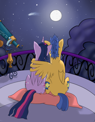 Size: 1100x1400 | Tagged: safe, artist:skorpine10, derpibooru import, flash sentry, twilight sparkle, twilight sparkle (alicorn), alicorn, pony, back, balcony, behind, female, flashlight, male, mare, moon, night, shipping, sitting, straight, winghug