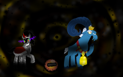 Size: 1600x1000 | Tagged: safe, derpibooru import, grogar, king sombra, goat, unicorn, spoiler:s09, armor, bell, cloven hooves, colored hooves, colored horn, crown, crystal ball, curved horn, darkness, emperor, evil, grogar's orb, horn, jewelry, male, regalia, stallion