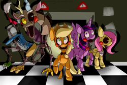 Size: 1024x683 | Tagged: safe, artist:dovethekitty, applejack, discord, fluttershy, twilight sparkle, twilight sparkle (alicorn), alicorn, earth pony, pegasus, pony, robot, animatronic, applefreddy, applefreddy fazjack's pizzeria, bonnie, chica, dismangle, female, five nights at aj's, five nights at aj's 2, five nights at freddy's, flutterchica, freddy fazbear, mangle, mare, solo, twibon