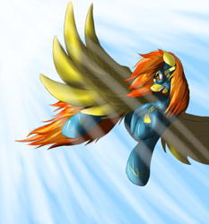 Size: 933x1000 | Tagged: safe, artist:jinyaranda, derpibooru import, spitfire, flying, large wings, solo, wonderbolts uniform