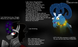 Size: 1000x600 | Tagged: safe, derpibooru import, grogar, king sombra, pony, unicorn, spoiler:s09, darkness, engrish, fake, fake leak, faker than a three dollar bill, vector