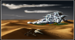 Size: 5192x2804 | Tagged: safe, artist:princesssaros, derpibooru import, cloudsdale, dead, desert, scenery, skeleton, wallpaper