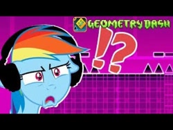 Size: 480x360 | Tagged: safe, derpibooru import, rainbow dash, pegasus, pony, exclamation point, female, floppy ears, game, gamer, geometry dash, headphones, icon, logo, mare, question mark, stereo madness, vannamelon