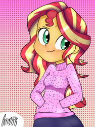 Size: 768x1024 | Tagged: safe, artist:artmlpk, sunset shimmer, equestria girls, blushing, clothes, cute, digital art, female, hoodie, looking at something, raised eyebrow, shimmerbetes, smiley face, smiling, smirk, solo, sweater, turtleneck