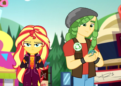 Size: 1522x1080 | Tagged: safe, screencap, sandalwood, sunset shimmer, better together, equestria girls, sunset's backstage pass!, annoyed, cellphone, clothes, cropped, female, food truck, geode of empathy, hat, magical geodes, male, outdoors, phone, smartphone, vest