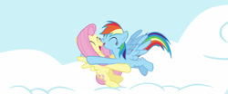 Size: 1280x534 | Tagged: safe, artist:rozyfly10, derpibooru import, fluttershy, rainbow dash, pegasus, pony, cloud, eyes closed, female, flutterdash, happy, hug, lesbian, love, mare, open mouth, shipping, sky, smiling, wings