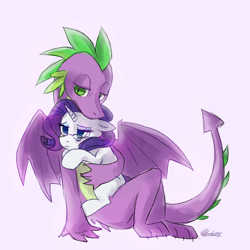 Size: 1024x1024 | Tagged: safe, artist:foxystash, rarity, spike, dragon, pony, unicorn, fanfic:like fine wine, cuddling, female, floppy ears, frown, glasses, hug, lidded eyes, male, mare, missing cutie mark, shipping, simple background, sitting, sparity, spread wings, straight, white background, winged spike, wings