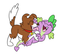 Size: 1187x1111 | Tagged: safe, artist:mickeymonster, spike, winona, dragon, colored, cute, duo, eyes closed, female, licking, male, open mouth, simple background, spikelove, tongue out, white background