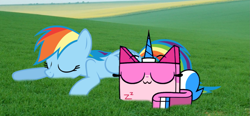 Size: 1611x750 | Tagged: safe, artist:lachlandingoofficial, derpibooru import, rainbow dash, pegasus, pony, crossover, grass, lego, sleeping, the lego movie, unikitty, unikitty! (tv series)