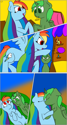 Size: 1134x2107 | Tagged: safe, artist:gamer-shy, derpibooru import, rainbow dash, oc, oc:green thunder, alicorn, pegasus, pony, canon x oc, carnival, comic, food, french fries, friendship, greendash, greendorable, hay fries, kissing, long mane, male, never doubt blaa6 involvement, sunset