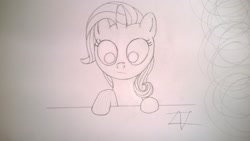 Size: 3552x2000 | Tagged: safe, derpibooru exclusive, rarity, pony, unicorn, bust, female, filly, filly rarity, mare, monochrome, pencil drawing, sketch, solo, traditional art, young, younger