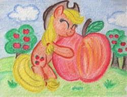 Size: 1225x934 | Tagged: safe, artist:airtower, applejack, earth pony, pony, apple, eyes closed, giant apple, hug, solo, traditional art