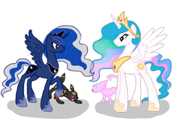 Size: 2192x1700 | Tagged: safe, artist:horsefan999, princess celestia, princess luna, alicorn, pony, espeon, gritted teeth, looking at each other, pokémon, raised hoof, simple background, smiling, spread wings, transparent background, umbreon