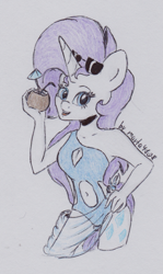 Size: 717x1203 | Tagged: safe, artist:marta4708, rarity, anthro, belly button, clothes, coconut, food, navel cutout, one-piece swimsuit, solo, sunglasses, swimsuit, traditional art