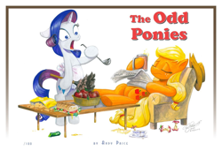 Size: 1500x1026 | Tagged: safe, artist:andypriceart, applejack, rarity, earth pony, pony, unicorn, andy you magnificent bastard, apple, apron, bipedal, chair, cider, clothes, duster, eyes closed, felix unger, female, floppy ears, hoof hold, hooves on the table, ladle, lesbian, messy, newspaper, open mouth, oscar madison, parody, rarijack, sandwich, shipping, the odd couple, wide eyes