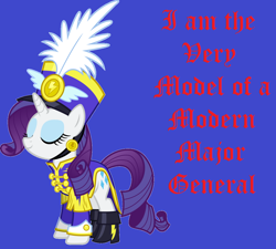 Size: 1210x1088 | Tagged: safe, artist:girthaedestroyer, artist:vladimirmacholzraum, rarity, pony, unicorn, ancient wonderbolts uniform, blue background, clothes, eyes closed, eyestrain warning, female, feminism, frock coat, gilbert and sullivan, hat, major general, mare, modern major general, needs more saturation, opera, sgt. rarity, shako, simple background, smiling, solo, the pirates of penzance, uniform