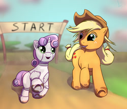 Size: 1402x1206 | Tagged: safe, artist:rainihorn, applejack, sweetie belle, sweetie bot, earth pony, pony, robot, robot pony, unicorn, blank flank, cutie mark, female, filly, foal, grass, hat, hooves, horn, mare, open mouth, race, running, song in the comments, teeth, text