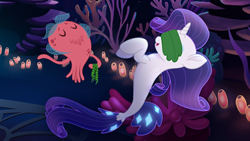 Size: 1136x640 | Tagged: safe, rarity, octopus, seapony (g4), my little pony: the movie, jamal, seaponified, seapony rarity, seaweed wrap, species swap