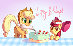 Size: 1000x639 | Tagged: safe, artist:reuniclus, apple bloom, applejack, earth pony, pony, apple bloom's bow, applejack's hat, bow, cake, cowboy hat, female, food, hair bow, happy birthday, hat, icing bag, looking down, mare, mouth hold, smiling, standing, strawberry, table