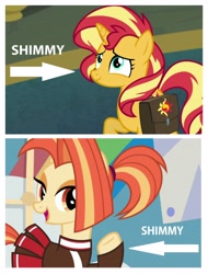 Size: 3106x4096 | Tagged: safe, edit, edited screencap, screencap, shimmy shake, sunset shimmer, pony, 2 4 6 greaaat, equestria girls, equestria girls series, forgotten friendship, captain obvious, caption arrow, cute, know the difference, nickname, shakeabetes, shimmerbetes, shimmy
