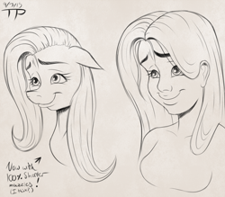 Size: 1600x1400 | Tagged: safe, artist:thethunderpony, fluttershy, human, humanized, monochrome, sketch, smiling