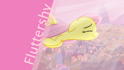 Size: 1920x1080 | Tagged: safe, artist:northwestcore, artist:sairoch, fluttershy, pegasus, pony, floppy ears, flying, ponyville, solo, wallpaper