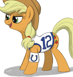 Size: 811x852 | Tagged: safe, artist:varemia, applejack, earth pony, pony, american football, andrew luck, clothes, indianapolis colts, nfl, solo, super bowl, super bowl xlix, that was fast